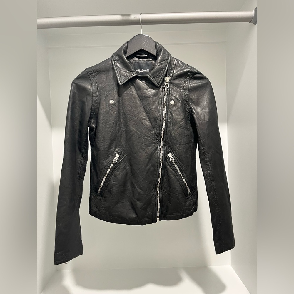 Madewell The Washed Leather Motorcycle Jacket in true black buttery soft XXS NEW - Picture 8 of 17